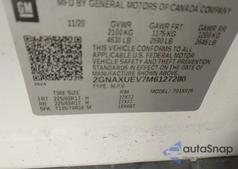 2021 Chevrolet Equinox Awd Lt из США, поврежденный, VIN 2GNAXUEV7M6127280